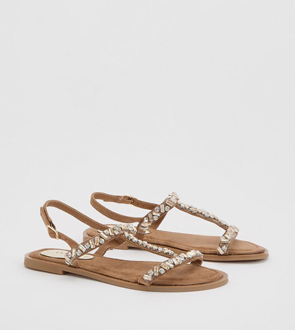 Mayla Faux Suede Embellished T-Bar Flat Sandals