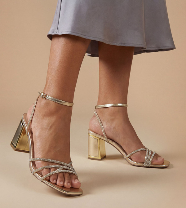 Tabs Faux Metallic Leather Strappy High Block Heel Sandals