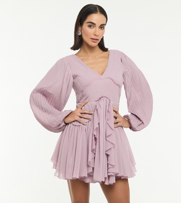 Pleated Long Sleeves Ruffled Mini Dress
