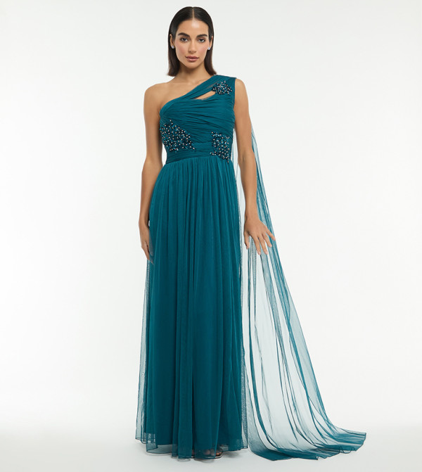 Embellished One Shoulder Maxi Dress