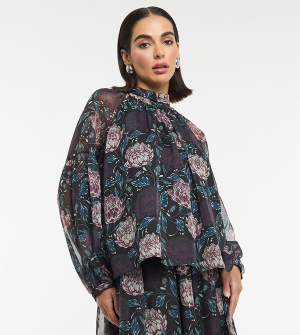 Printed High Neck Balloon Sleeves Top