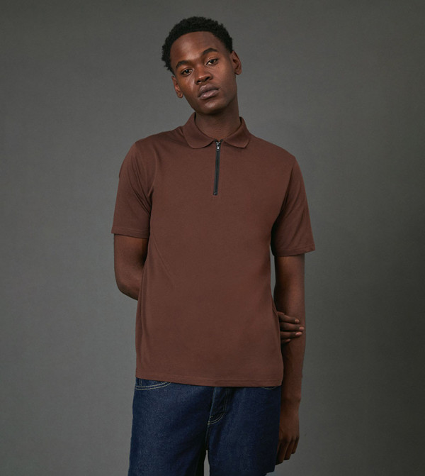 Solid Zipper Neck Polo T-Shirt