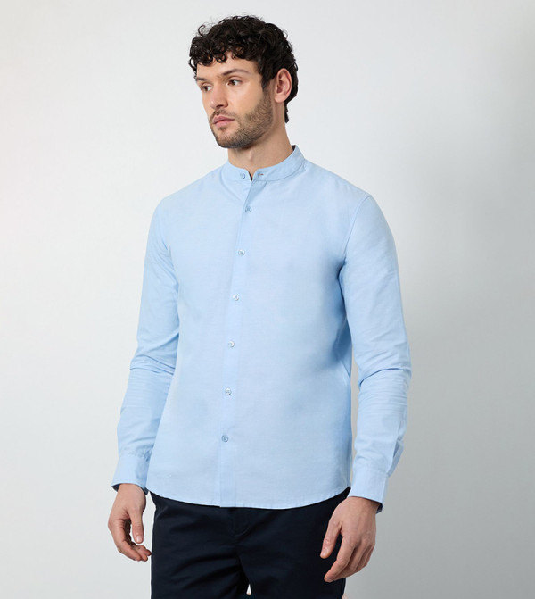 Solid Mandarin Collar Long Sleeves Oxford Shirt