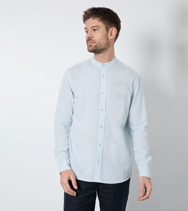 Linen Blend Long Sleeves Grandad Collar Shirt