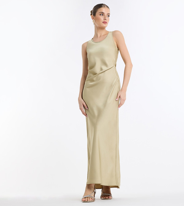 Solid Round Neck Satin Maxi Dress
