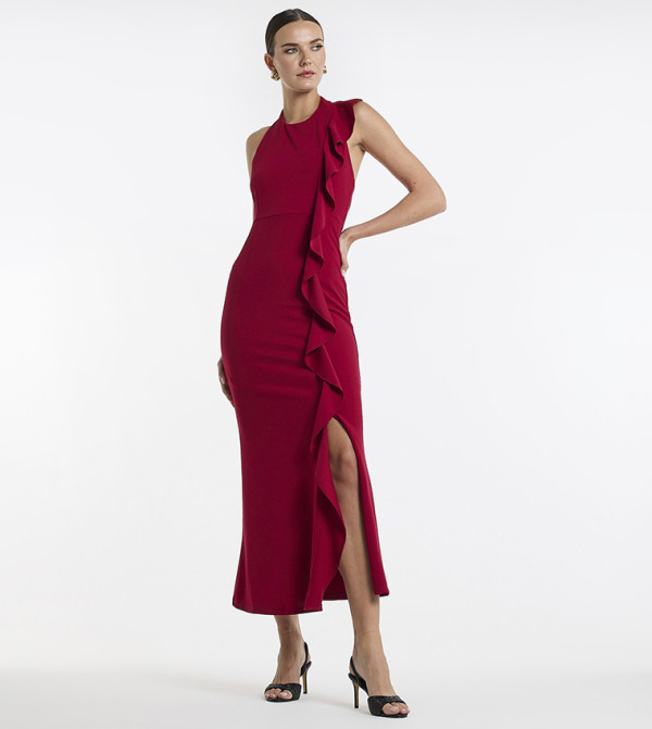 فستان ميداكسي بدون أكمام مكشكش بفتحة