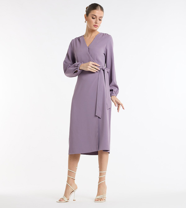 Tie Detail Long Sleeves Wrap Midi Dress