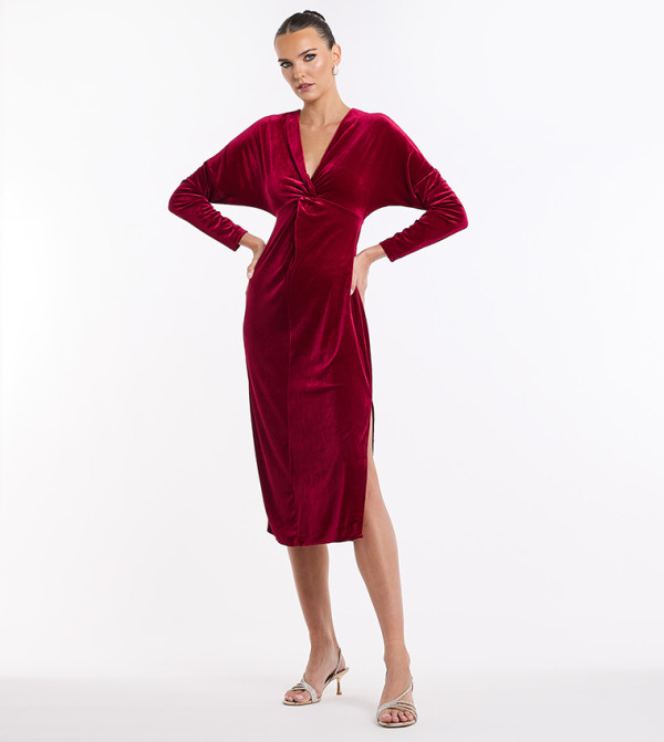 Knot Detail V-Neck Velour Dress