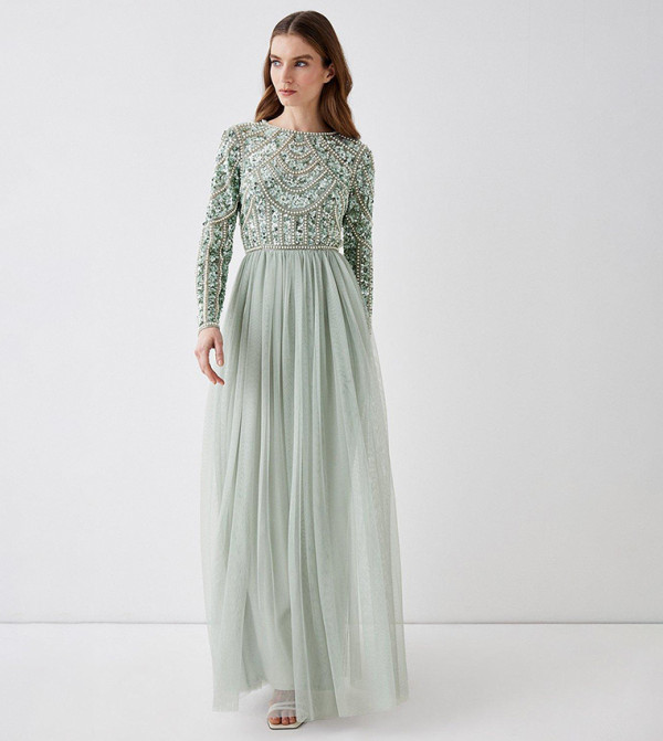 Pearl Embellished Bodice Bridesmaids Tulle Skirt Dress