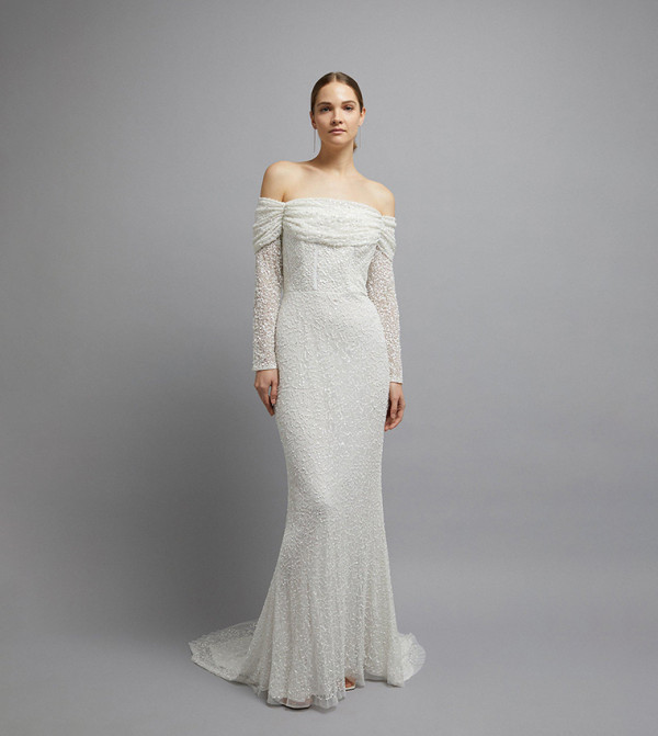 Draped Bardot Sequins Long Sleeves Maxi Dress