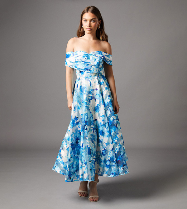Printed Organza Pleated Top Midi Dress