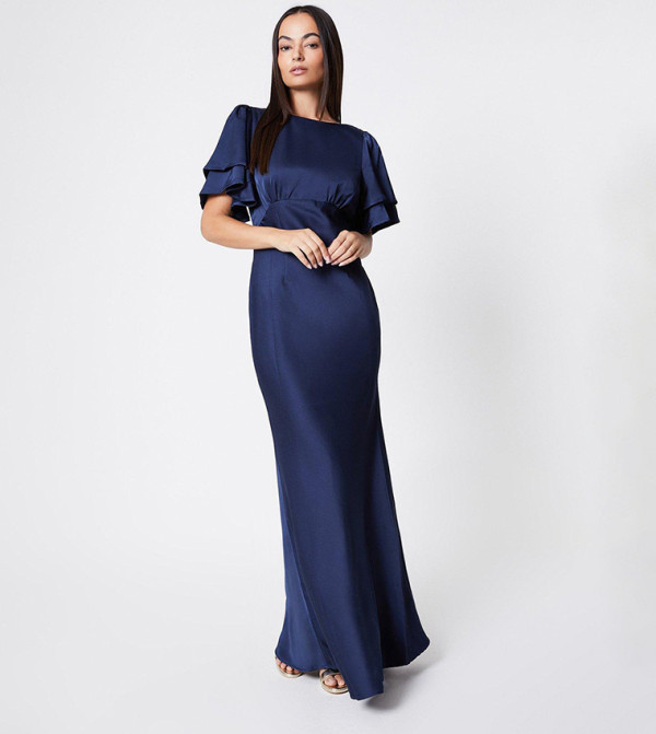 Satin Back Crepe Double Sleeves Bridesmaids Dress