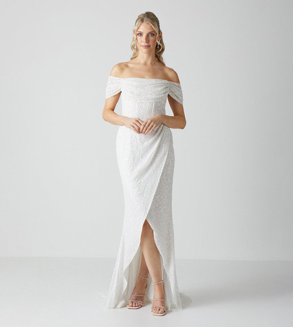 Draped Bardot Cap Sleeves Wrap Skirt Wedding Dress