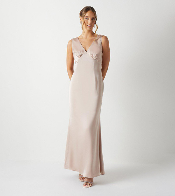 Bow Back V-Neck Satin Bridesmaids Dress