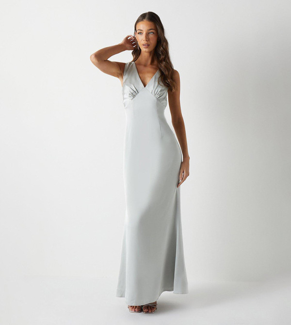 Bow Back V-Neck Satin Bridesmaids Dress