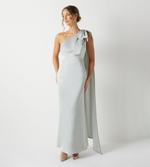 Bow and Drape Detail One Shoulder Satin Bridesmaids Dress