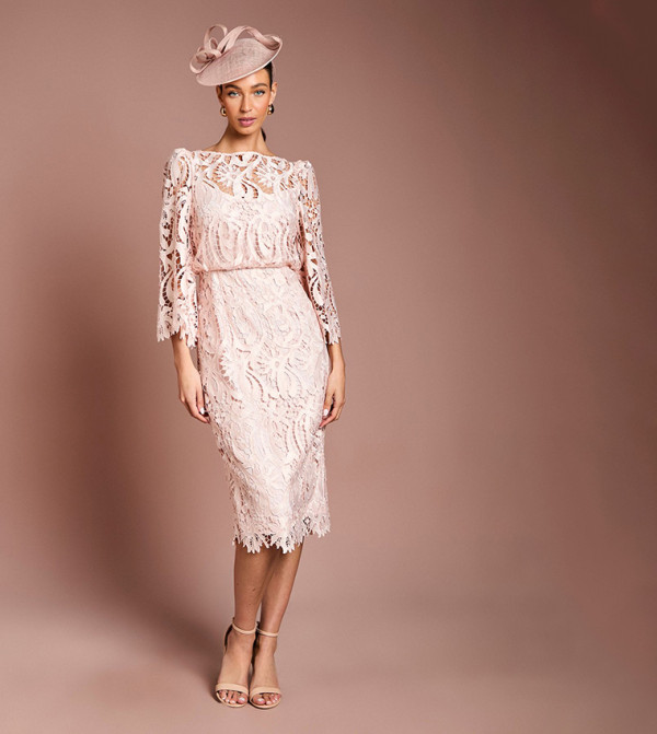 Fluted Sleeves Satin Lace Boat Neck Midi Dress