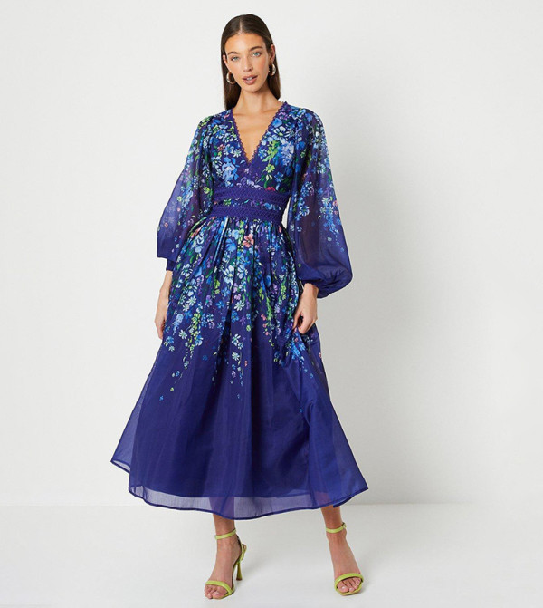 Organza Floral Placement Lace Trim Midaxi Dress