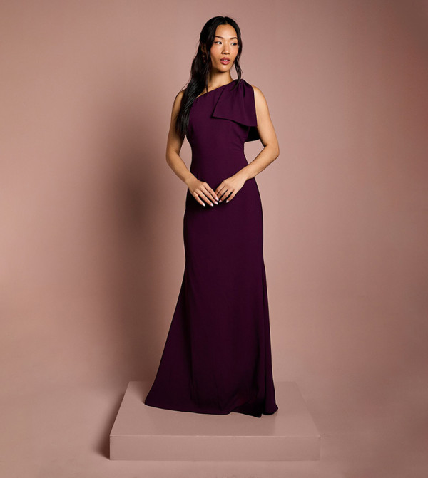 Solid Bow One Shoulder Maxi Bridesmaid Dress
