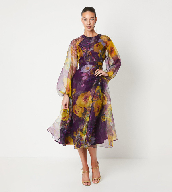 Organza Wrap Waist Puff Sleeves Midi Dress