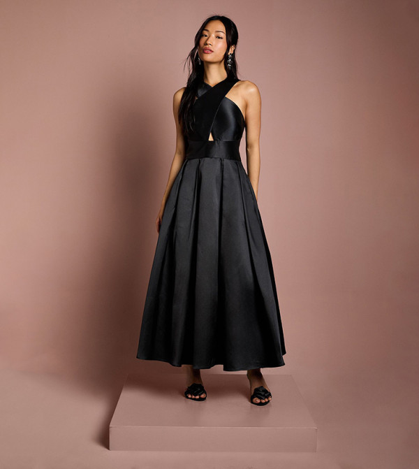 Cross Neck Twill Maxi Bridesmaid Dress