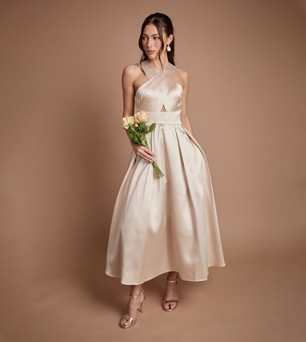 Cross Neck Twill Bridesmaid Midi Dress