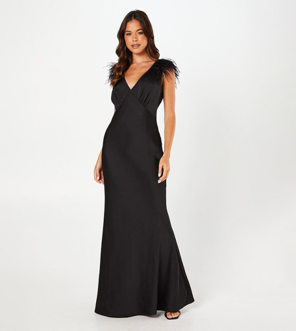 Feather Shoulder Detail V-Neck Satin Black Maxi Dress