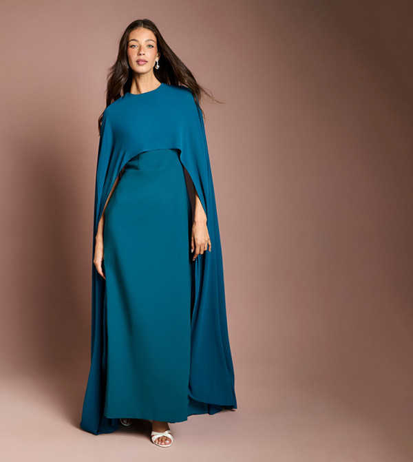 Solid Cape Sleeves Maxi Dress