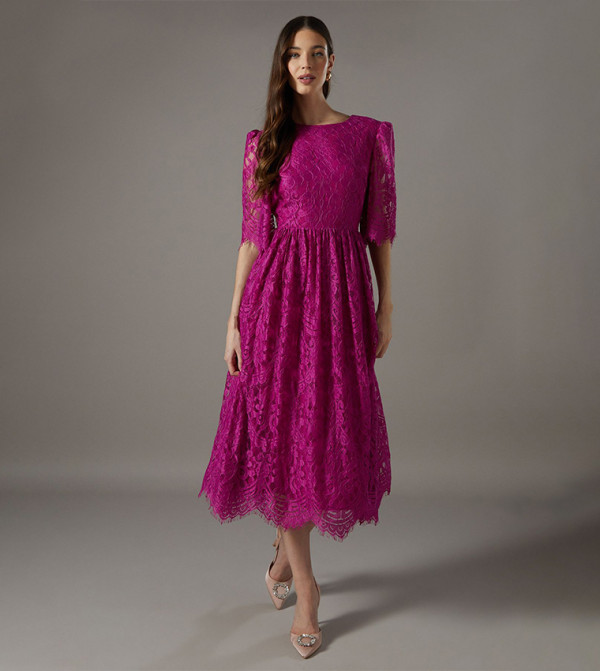 فستان ميدي ساتان دانتيل متعدد الطبقات