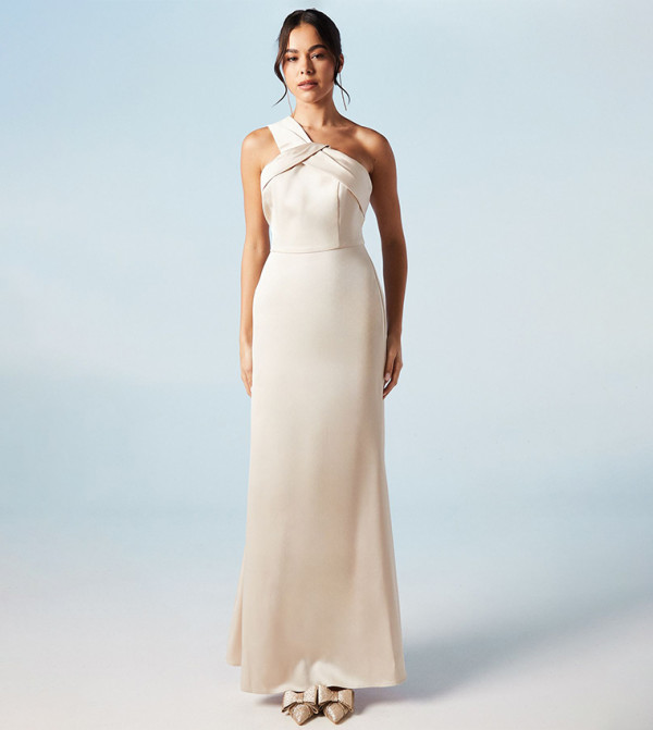 Asymmetric Neckline Satin Bridesmaids Maxi Dress