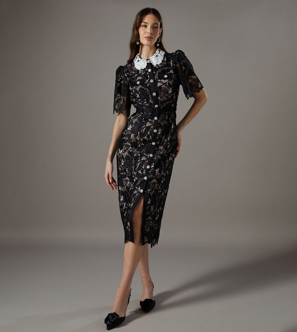 Lace Short Sleeves Midi Shirt Dress