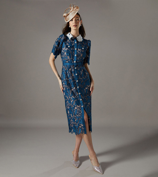Lace Short Sleeves Midi Shirt Dress