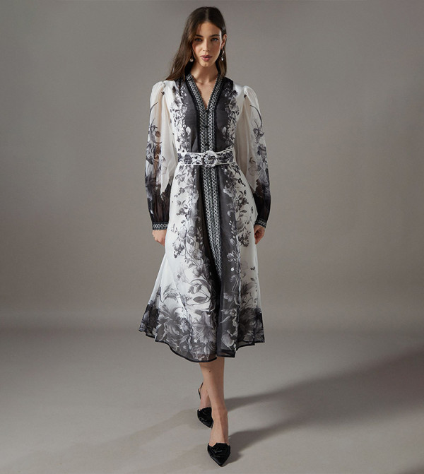 Boarder Printed Organza Shirt Dress