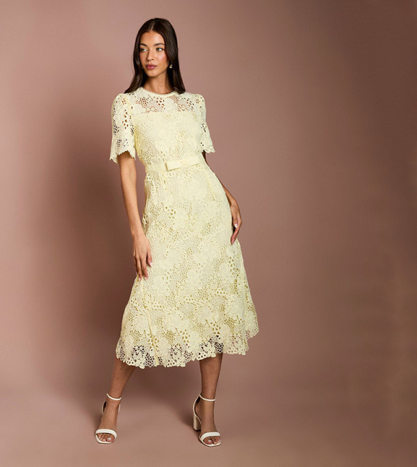 Bow Belt Lace Midi Dress