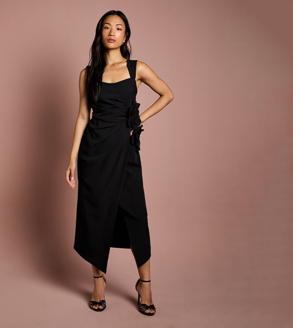 Corsage Pleated Pencil Midi Dress
