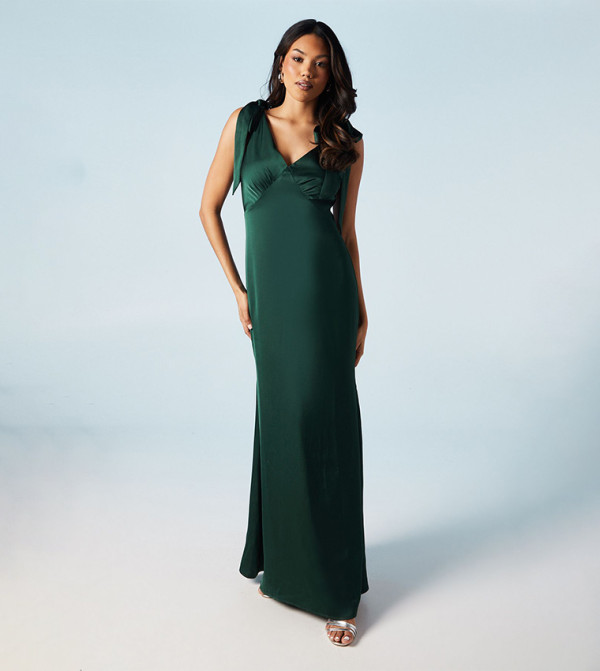 Satin Back Crepe Tie Shoulder Bridesmaids Maxi Dress