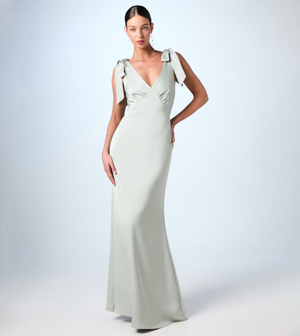 Crepe V-Neck Tie Shoulder Maxi Bridesmaid Dress