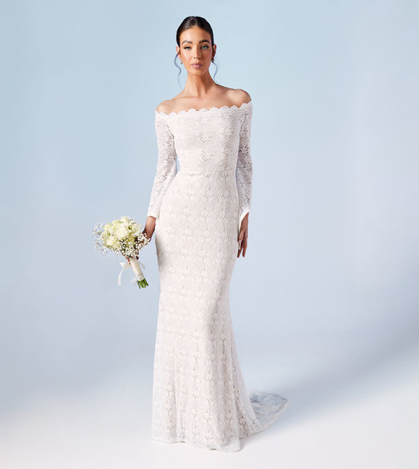 Bardot Boho Lace Fishtail Wedding Dress