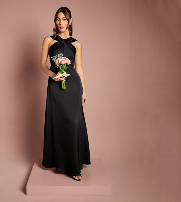 Twisted Halterneck Satin Party Maxi Dress
