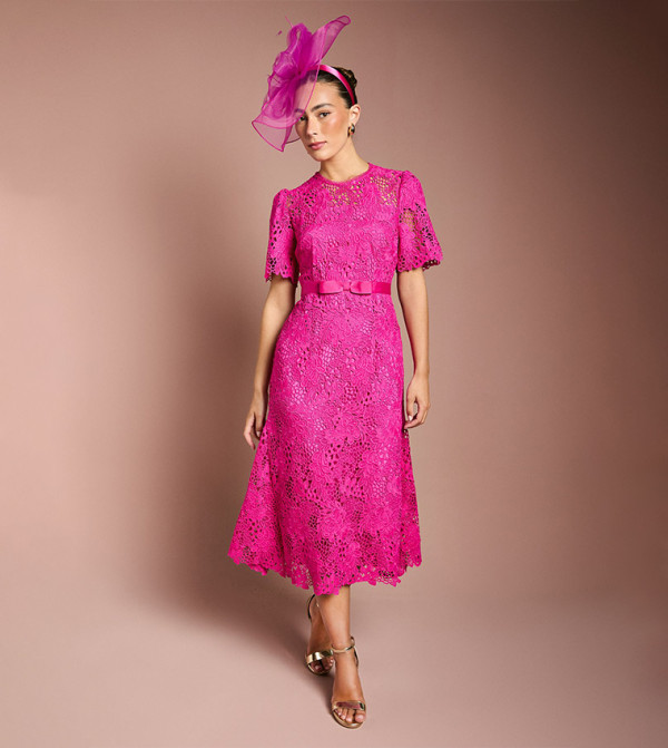Bow Belt Lace Midi Dress