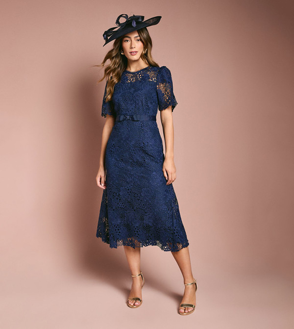 Lace Midi Dress with Bow Belt