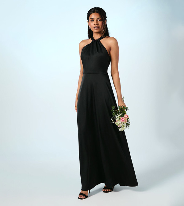 Petite Twist Halterneck Satin Maxi Bridesmaid Dress