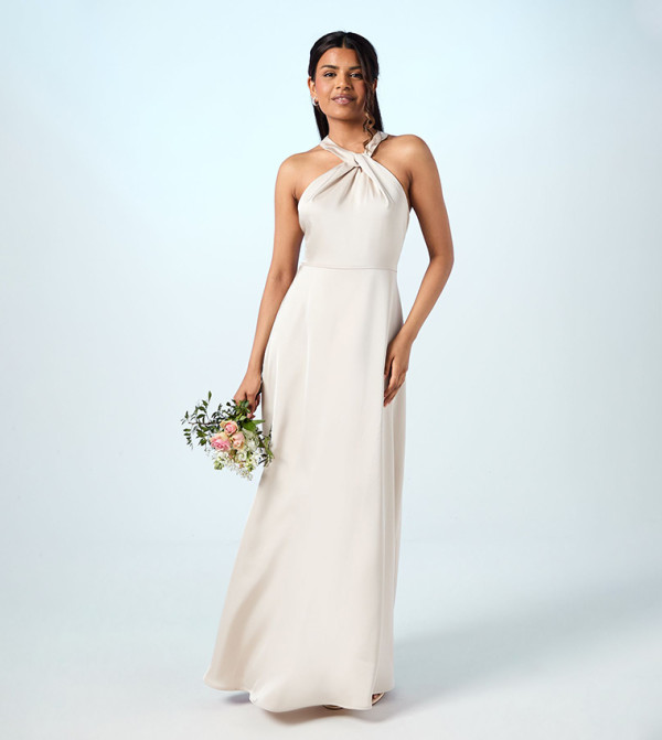 Honored Petite Twist Halterneck Satin Maxi Bridesmaid Dress