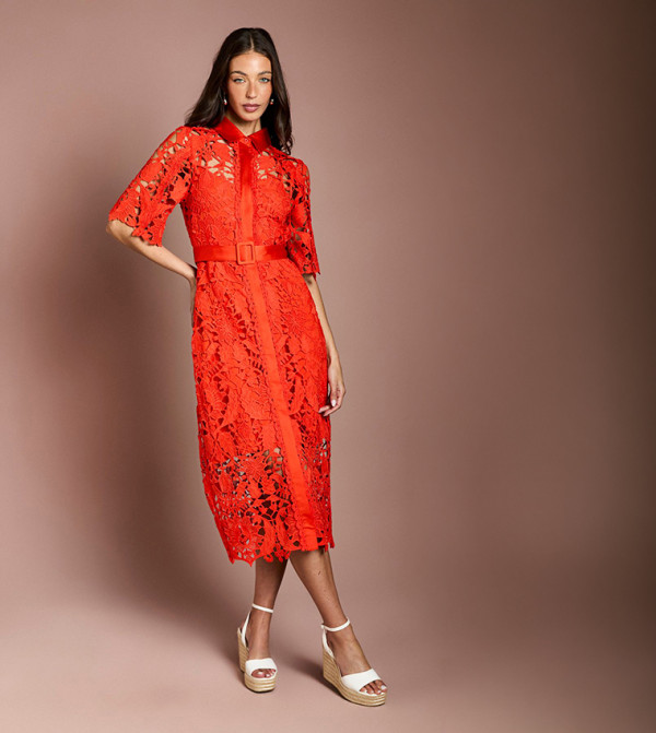 Short Sleeves Lace Midi Shirt Dress