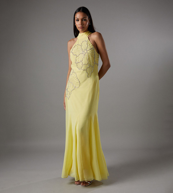 Embellished Maxi Dress with Godet Pleats