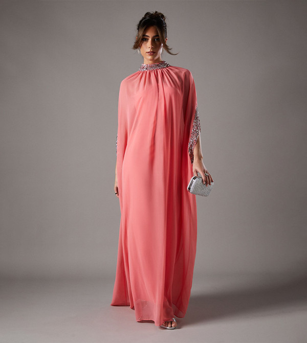 Sequined Chiffon Cape Style Maxi Dress