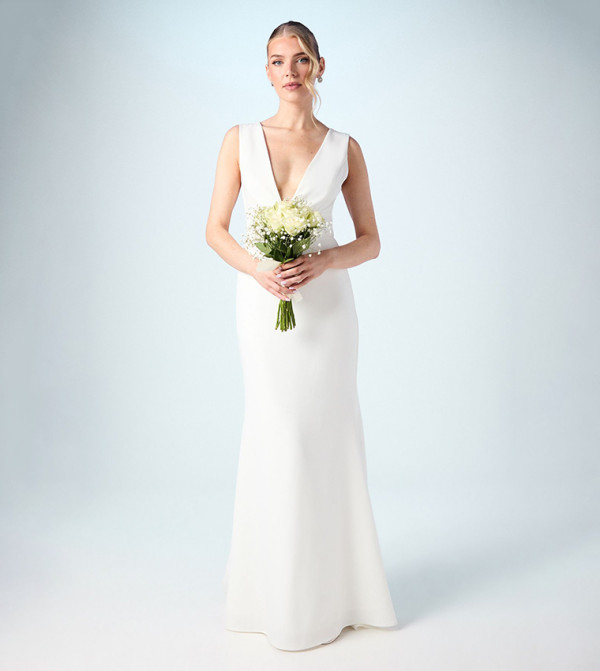 Premium Crepe Plunge Neck Fishtail Wedding Dress