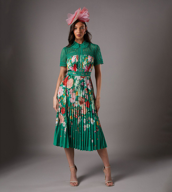 Lisa Tan Lace Pleated Printed Midi Dress