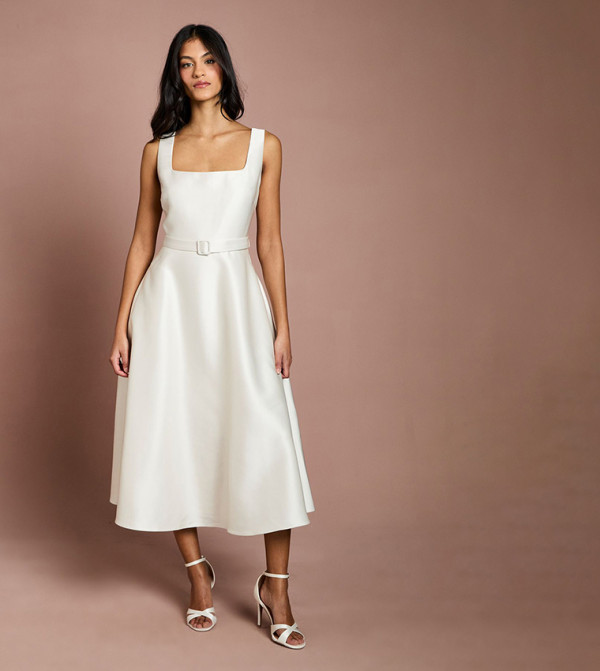 Petite Belted Twill Midi Dress