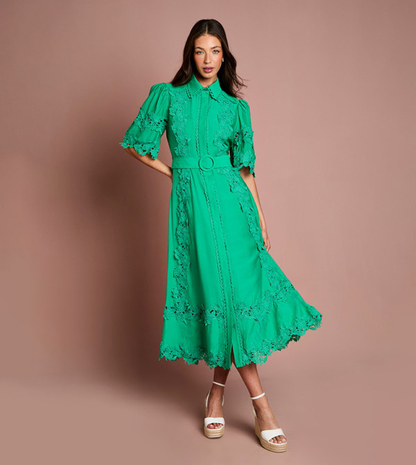 Lace Paneled Belted Shirt Dress